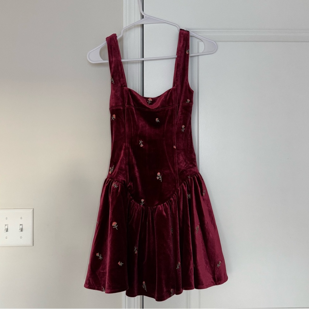 We Wore What Burgundy Velvet Drop Waist Mini Dress Size: 0